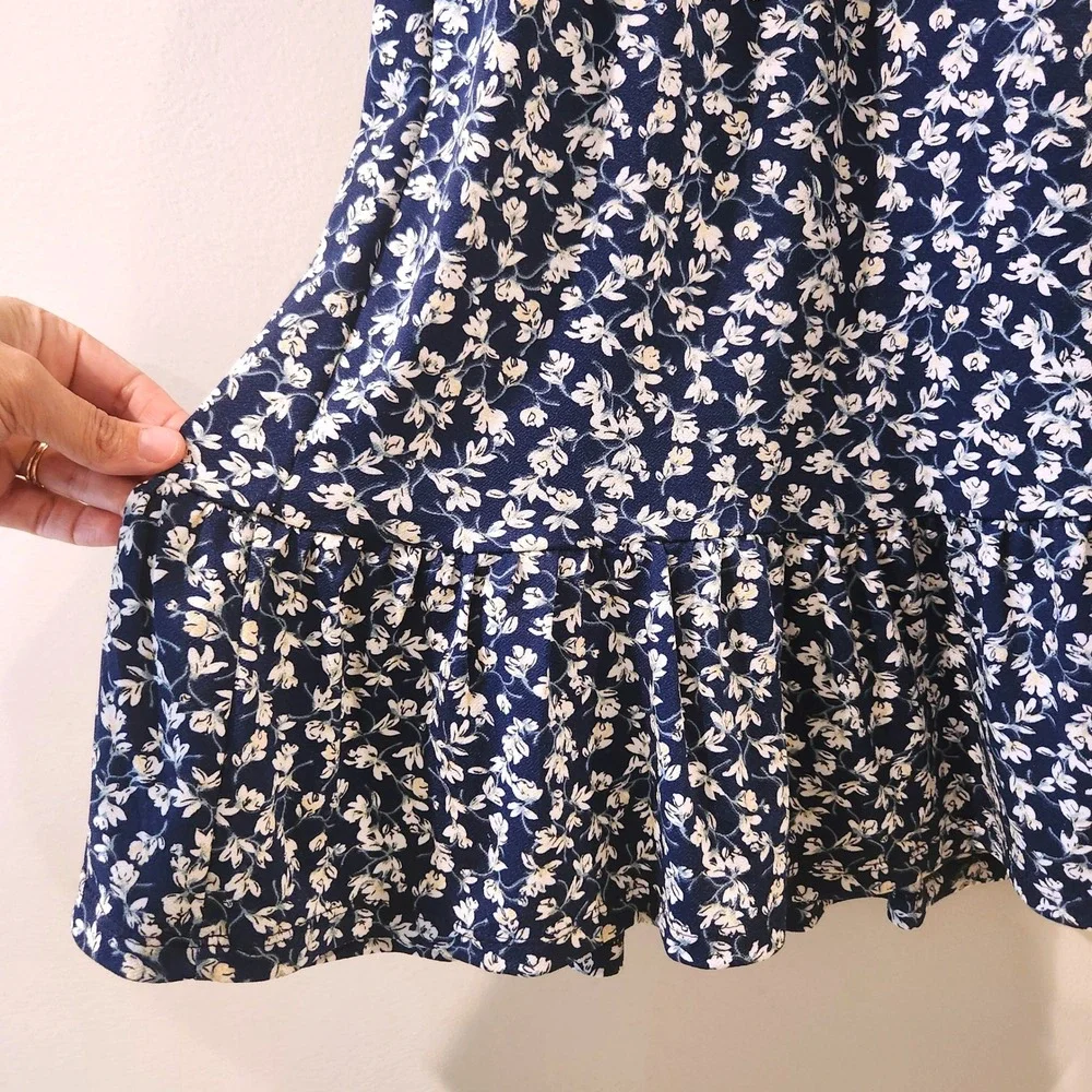 Cottagecore Floral Dress Misia  Vintage Style Preppy Short Sleeve Stretch Navy M